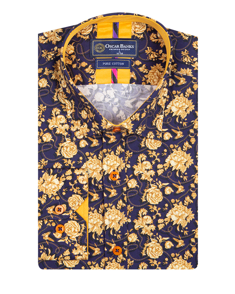 Gold Rose Print Shirt with Matching Handkerchief-Makrom