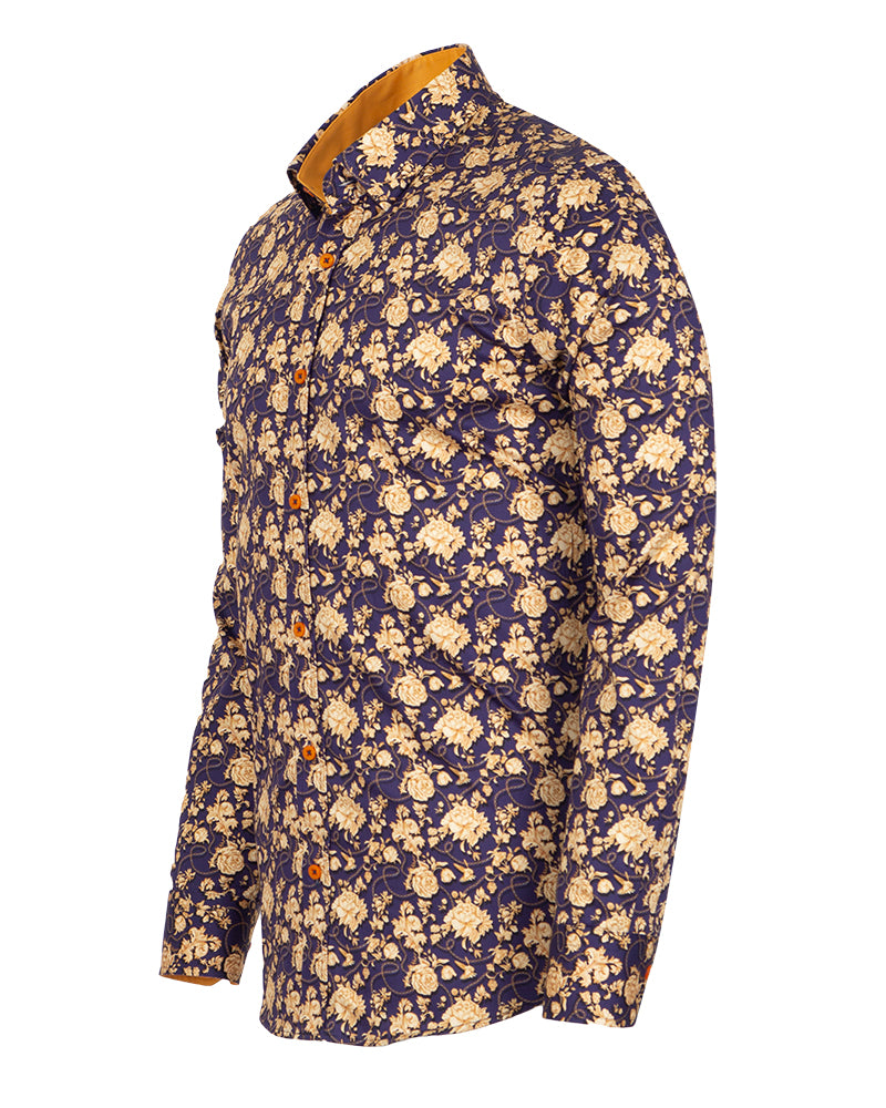 Gold Rose Print Shirt with Matching Handkerchief-Makrom