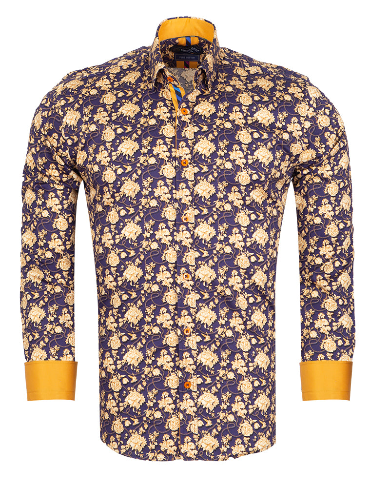 Gold Rose Print Shirt with Matching Handkerchief-Makrom
