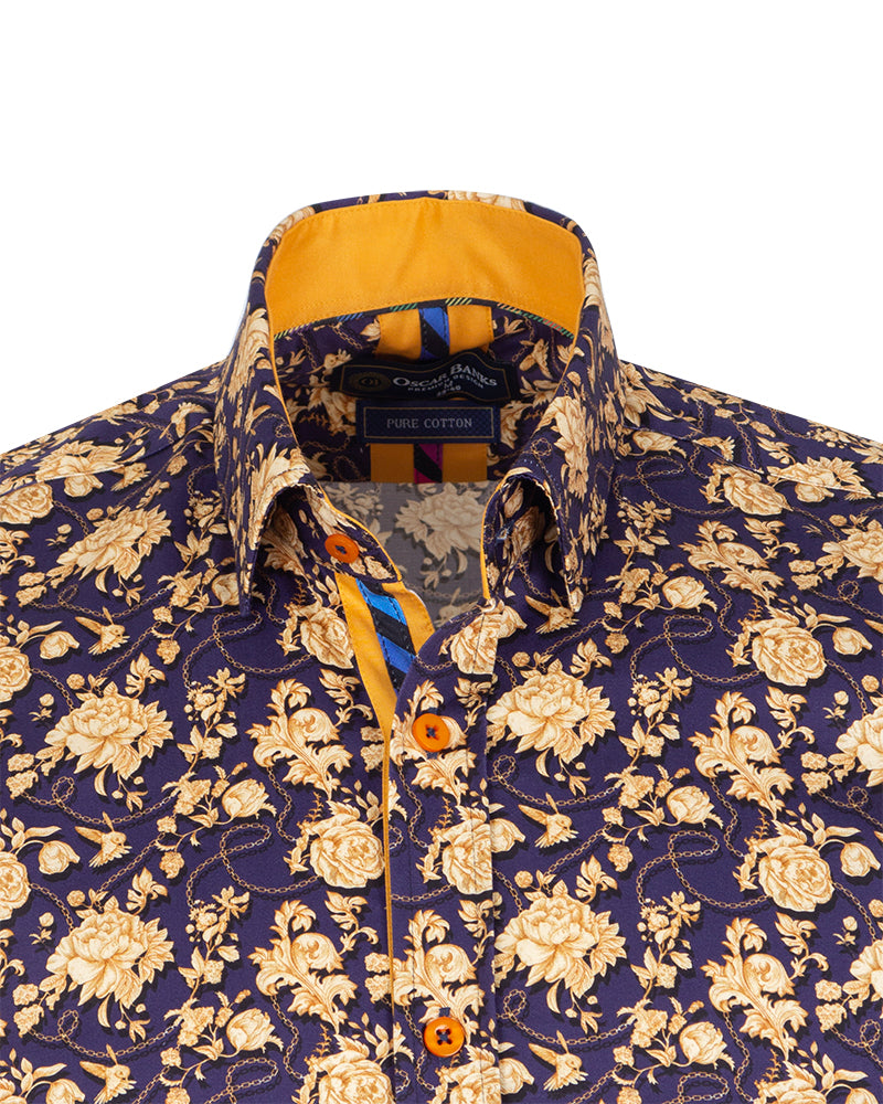 Gold Rose Print Shirt with Matching Handkerchief-Makrom