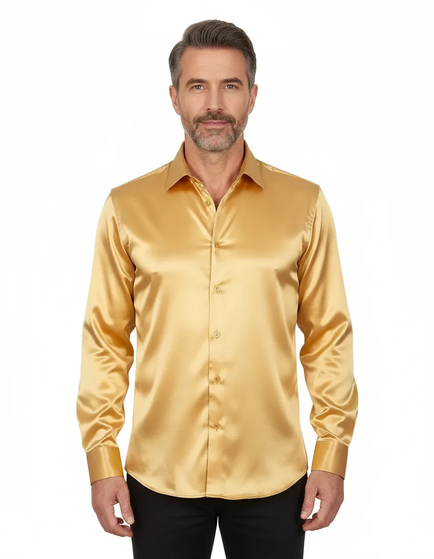 Gold Satin Plain Satin Classic Men’s Shirt-Makrom