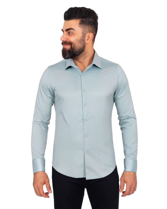 Green Casual Twill Double Cuff Long Sleeve Shirt-Makrom