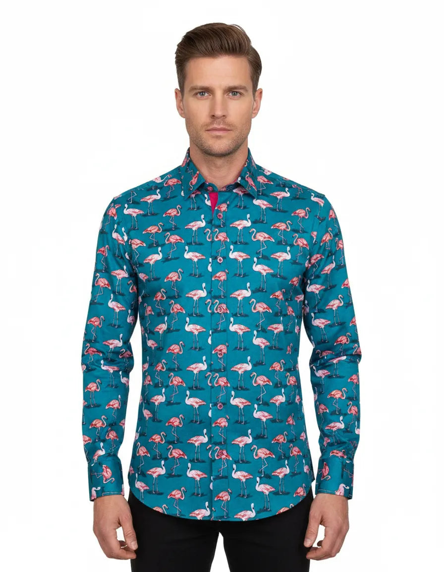 Green Flamingo Print Men's Shirt with Matching Handkerchief-Makrom