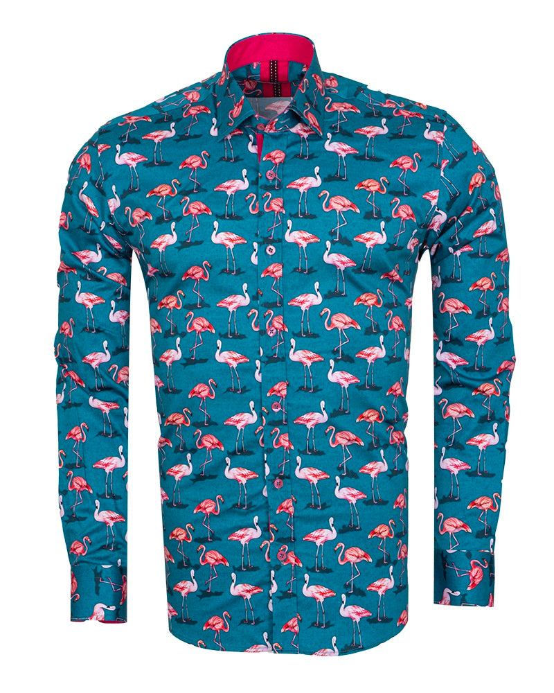 Green Flamingo Print Men's Shirt with Matching Handkerchief-Makrom