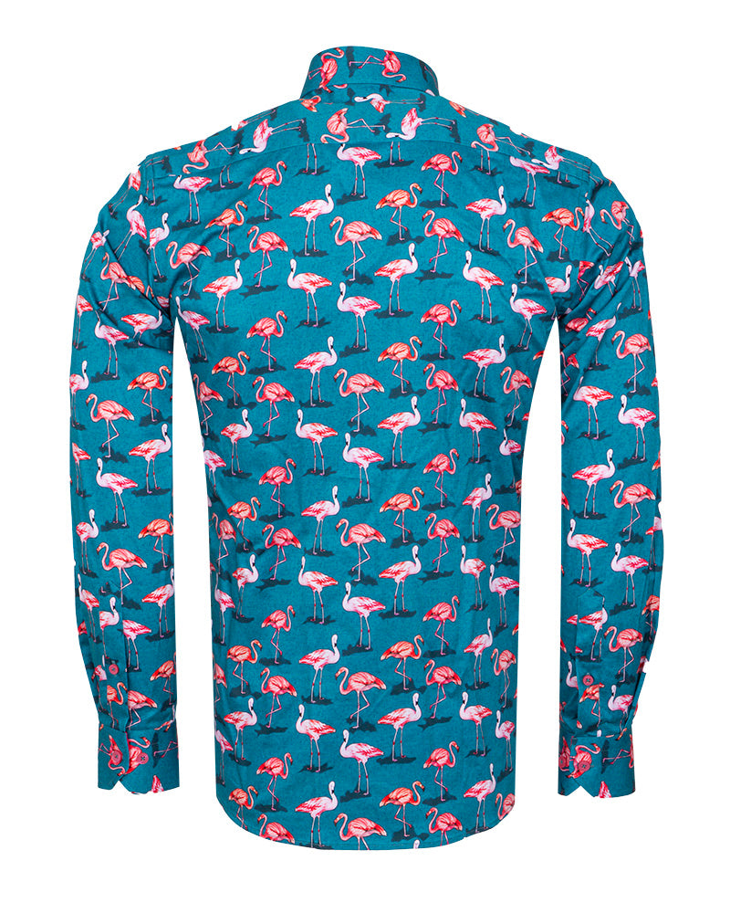 Green Flamingo Print Men's Shirt with Matching Handkerchief-Makrom