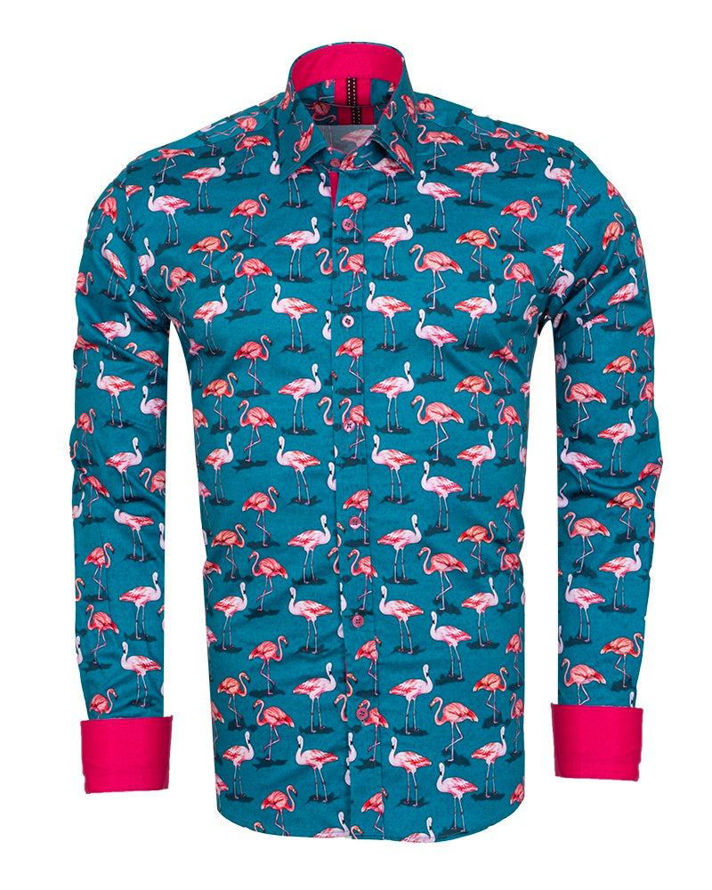 Green Flamingo Print Men's Shirt with Matching Handkerchief-Makrom