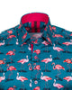 Green Flamingo Print Men's Shirt with Matching Handkerchief-Makrom