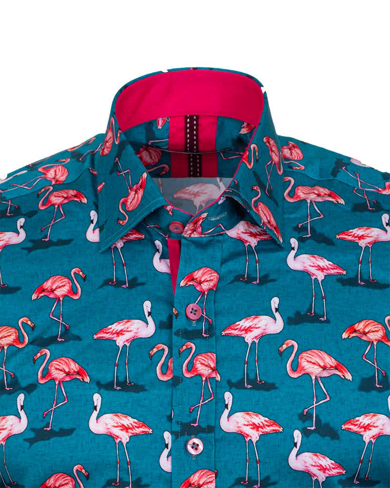 Green Flamingo Print Men's Shirt with Matching Handkerchief-Makrom