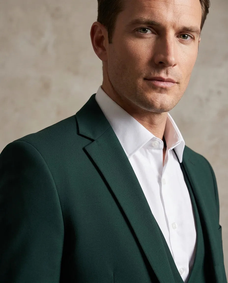 Man wearing a green suit and white shirt against a beige background