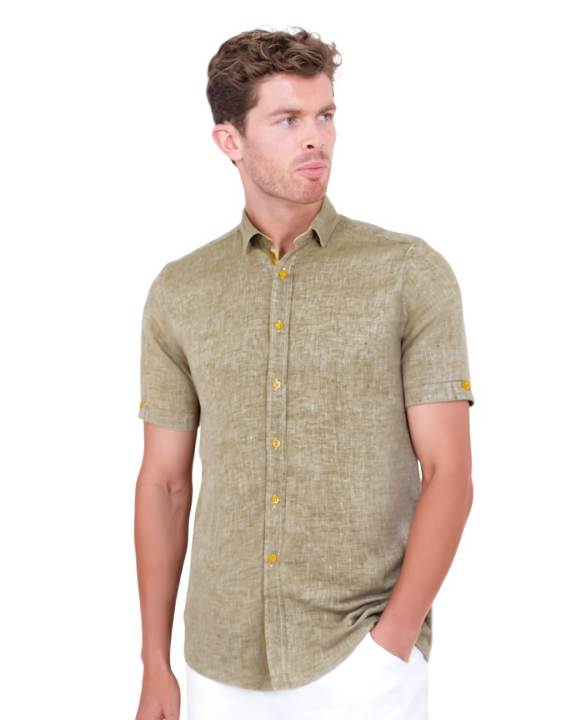 Green Flora Plain Linen Short Sleeve Shirt-Makrom