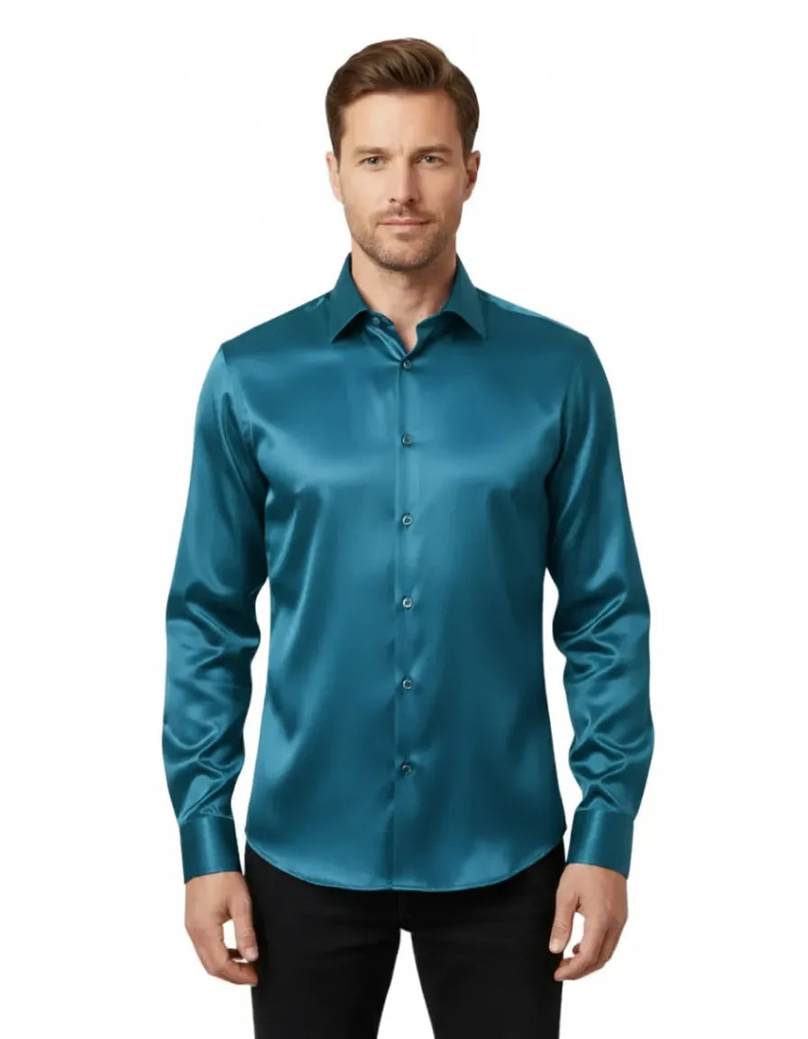 Green Flora Plain Satin Classic Men’s Shirt-Makrom