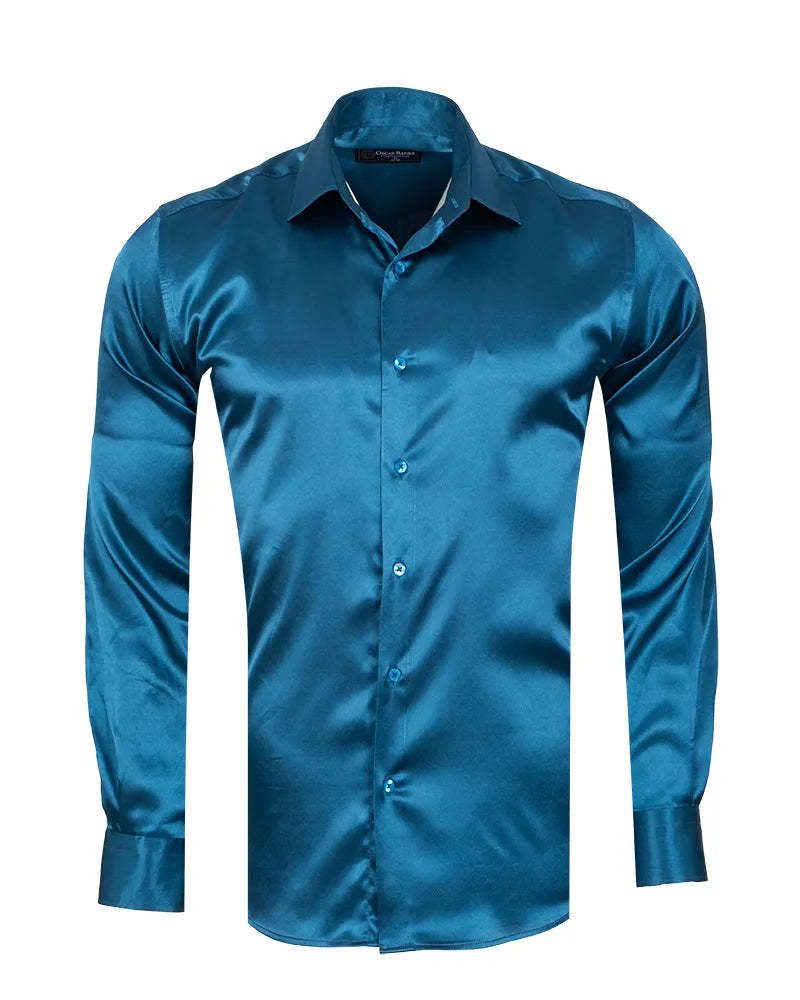 Green Flora Plain Satin Classic Men’s Shirt-Makrom