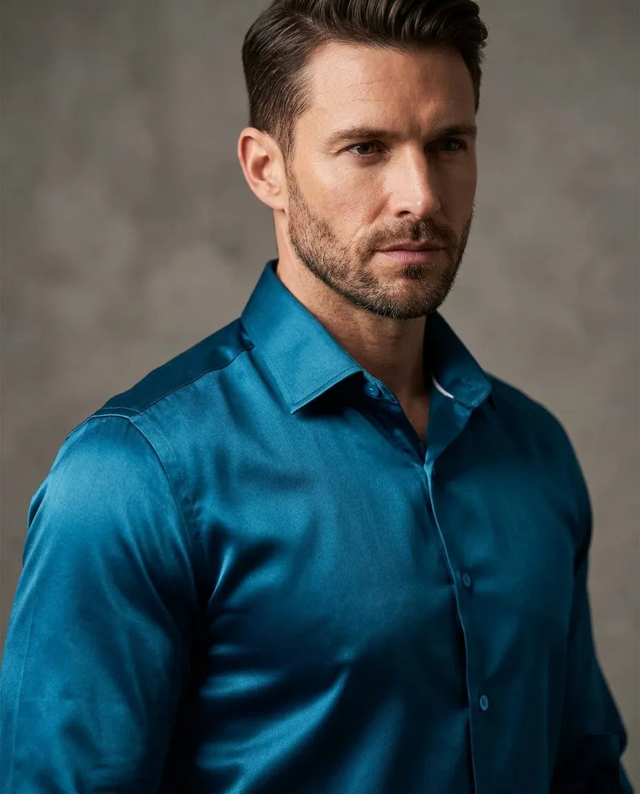 Man wearing a blue shirt against a gray background