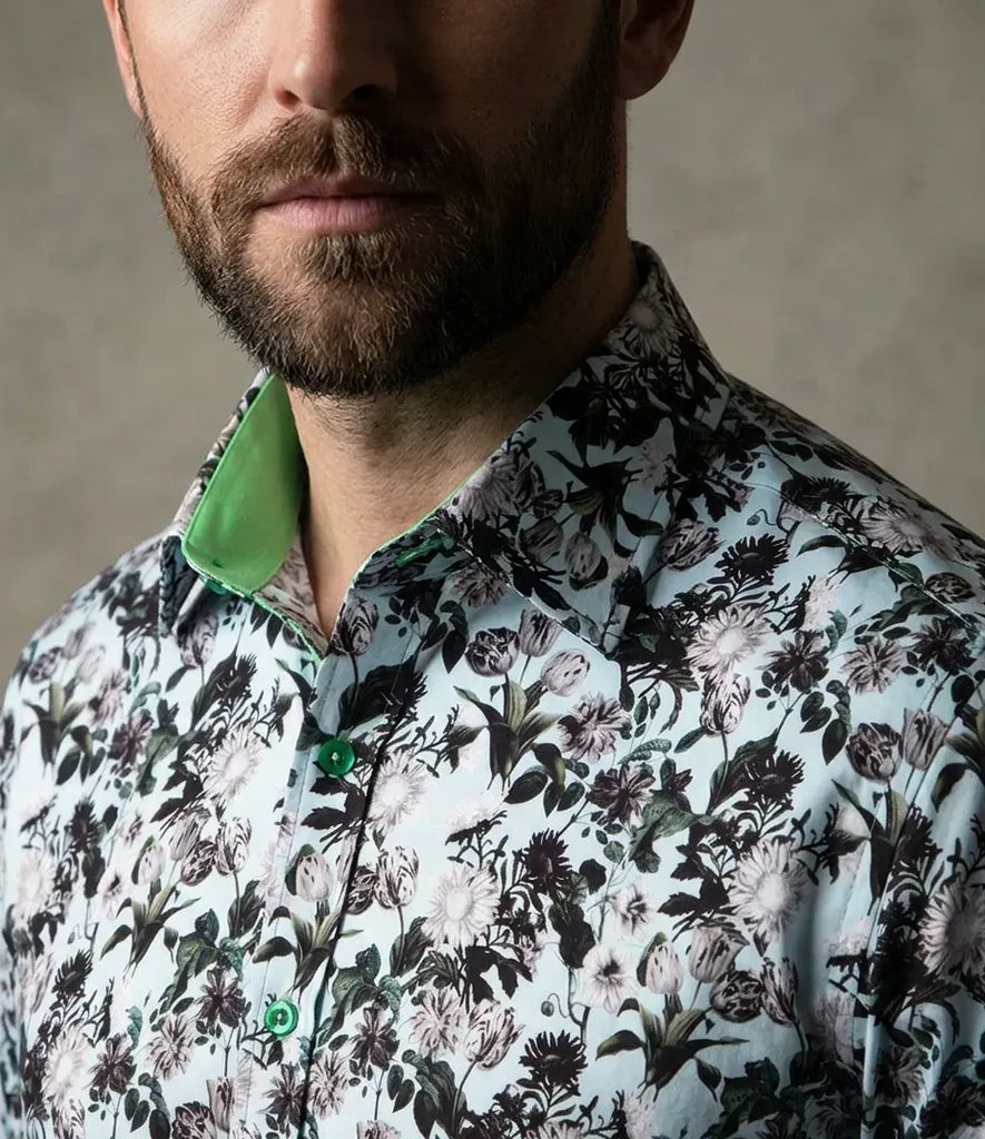 Green Floral Print Men's Shirt with Matching Handkerchief