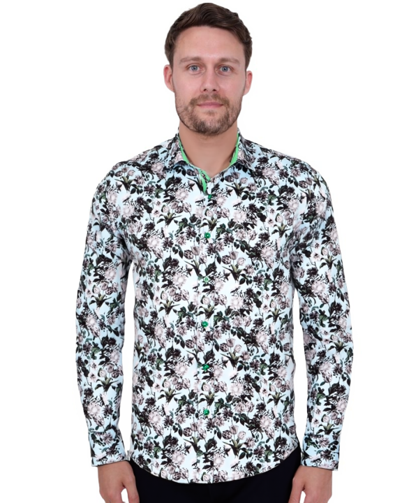 Green Floral Print Men's Shirt with Matching Handkerchief-Makrom