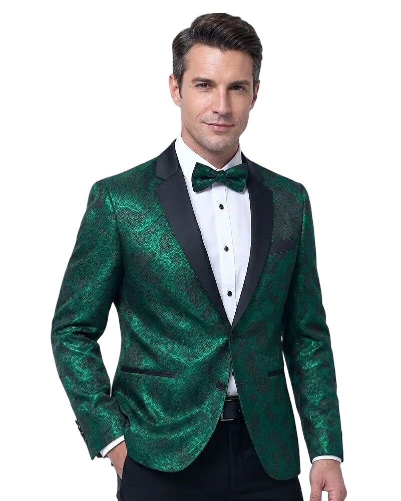 Green Paisley Contrasting Lapel Blazer & Matching Bow Tie-Makrom