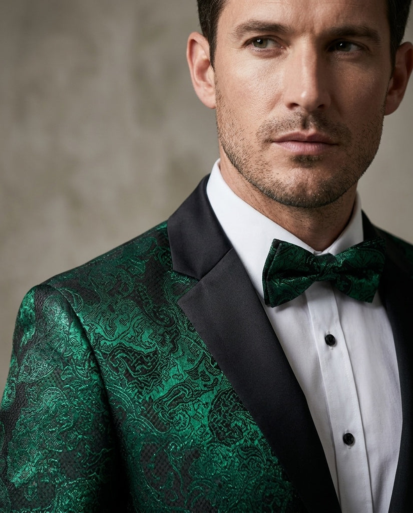 Green Paisley Contrasting Lapel Blazer & Matching Bow Tie