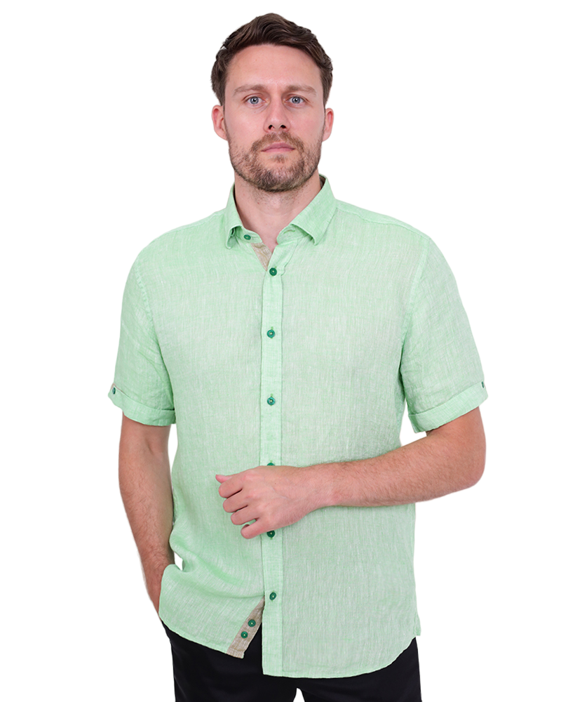 Green Plain Linen Short Sleeve Shirt-Makrom