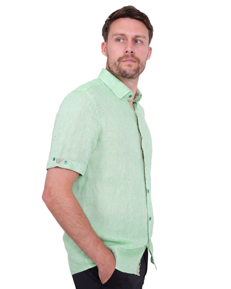 Green Plain Linen Short Sleeve Shirt-Makrom
