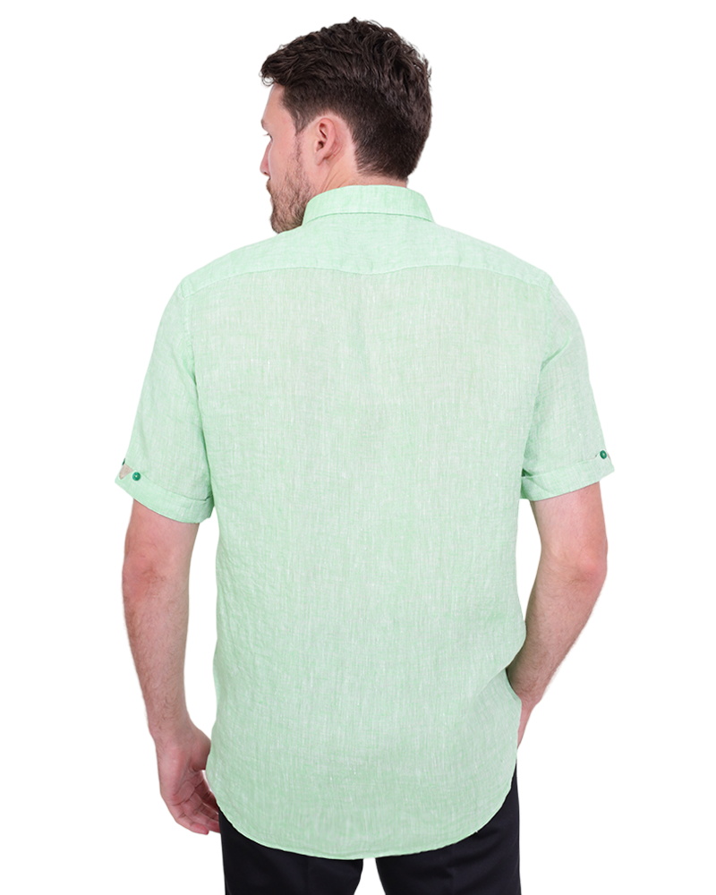 Green Plain Linen Short Sleeve Shirt-Makrom