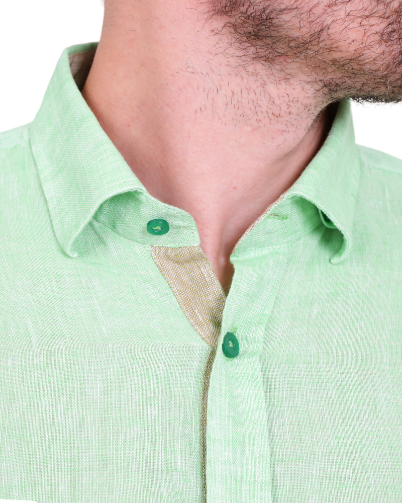 Green Plain Linen Short Sleeve Shirt-Makrom