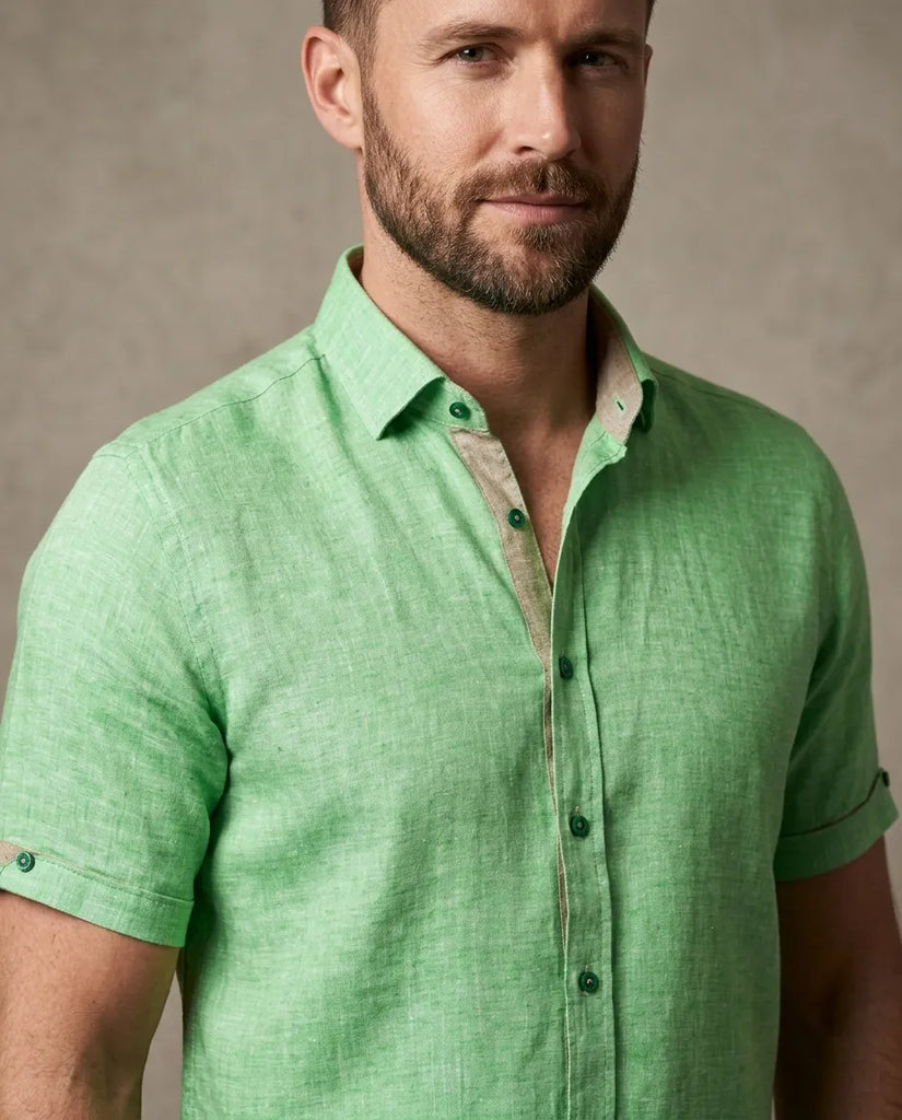 Green Plain Linen Short Sleeve Shirt