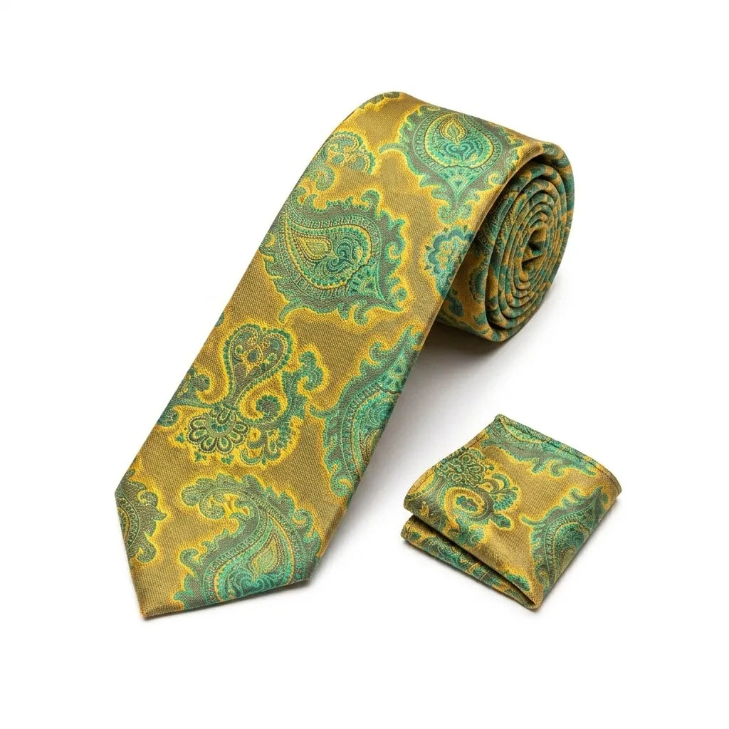 Green and gold paisley tie and pocket square set on a white background