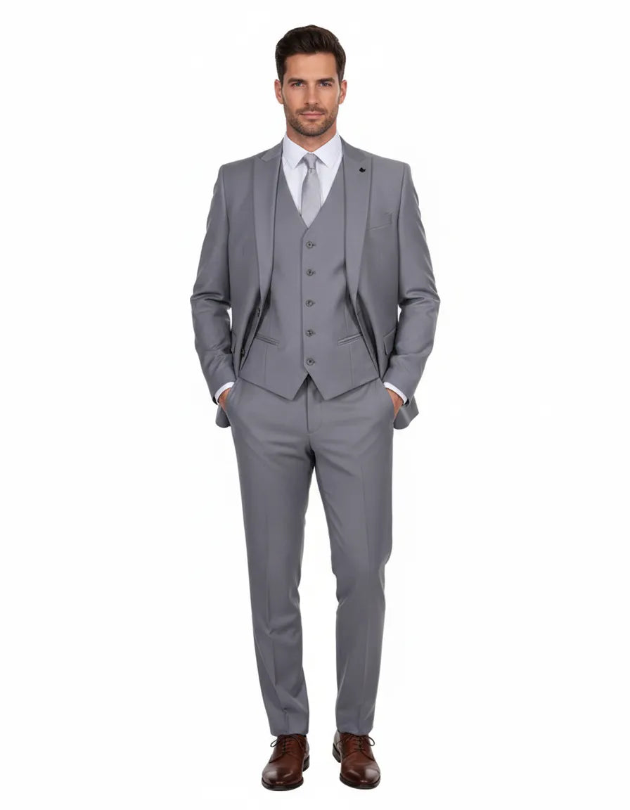 Grey Classic Plain 3 Piece Men's Suit-Makrom