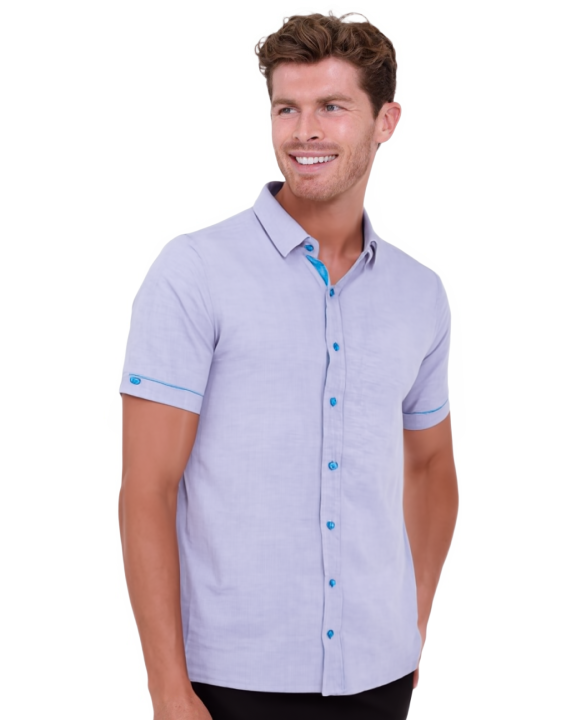 Grey Plain Linen Short Sleeve Shirt-Makrom
