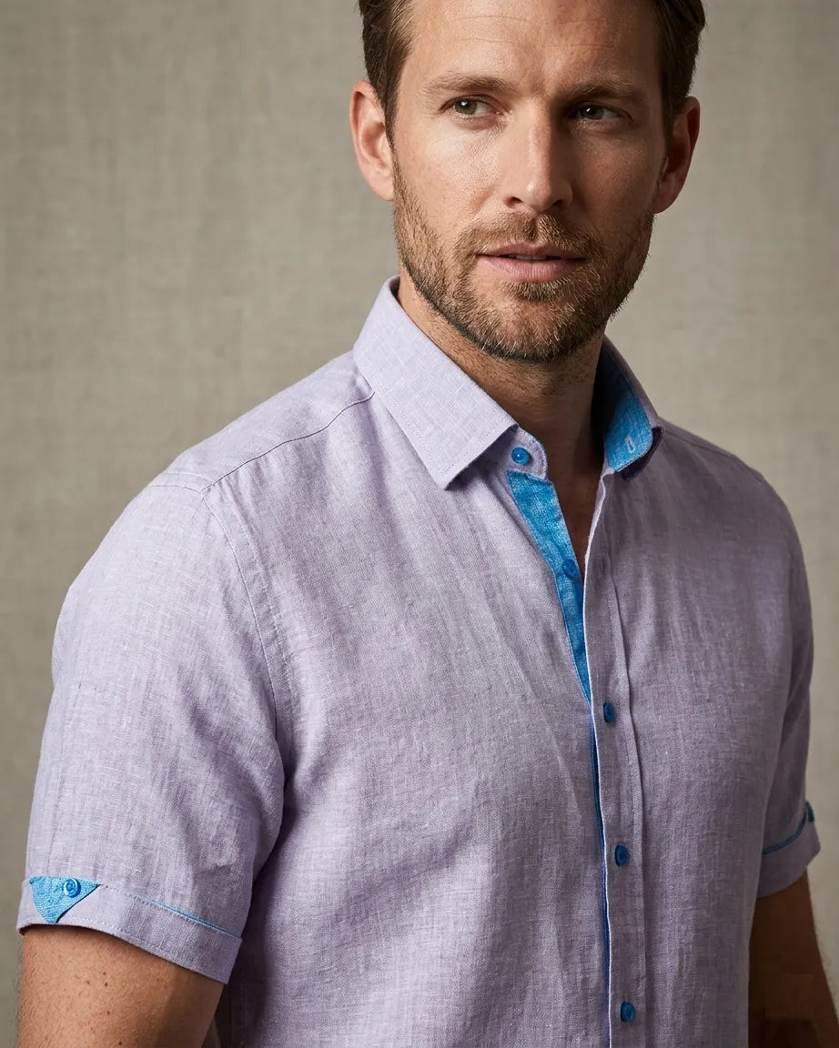 Grey Plain Linen Short Sleeve Shirt