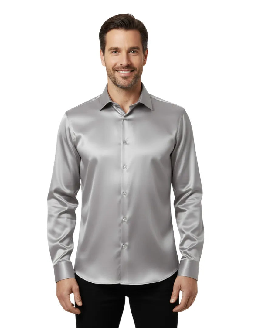 Grey Plain Satin Classic Men’s Shirt-Makrom
