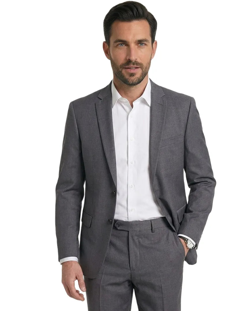 Grey Pure Wool Classic Plain 3 Piece Men's Suit-Makrom