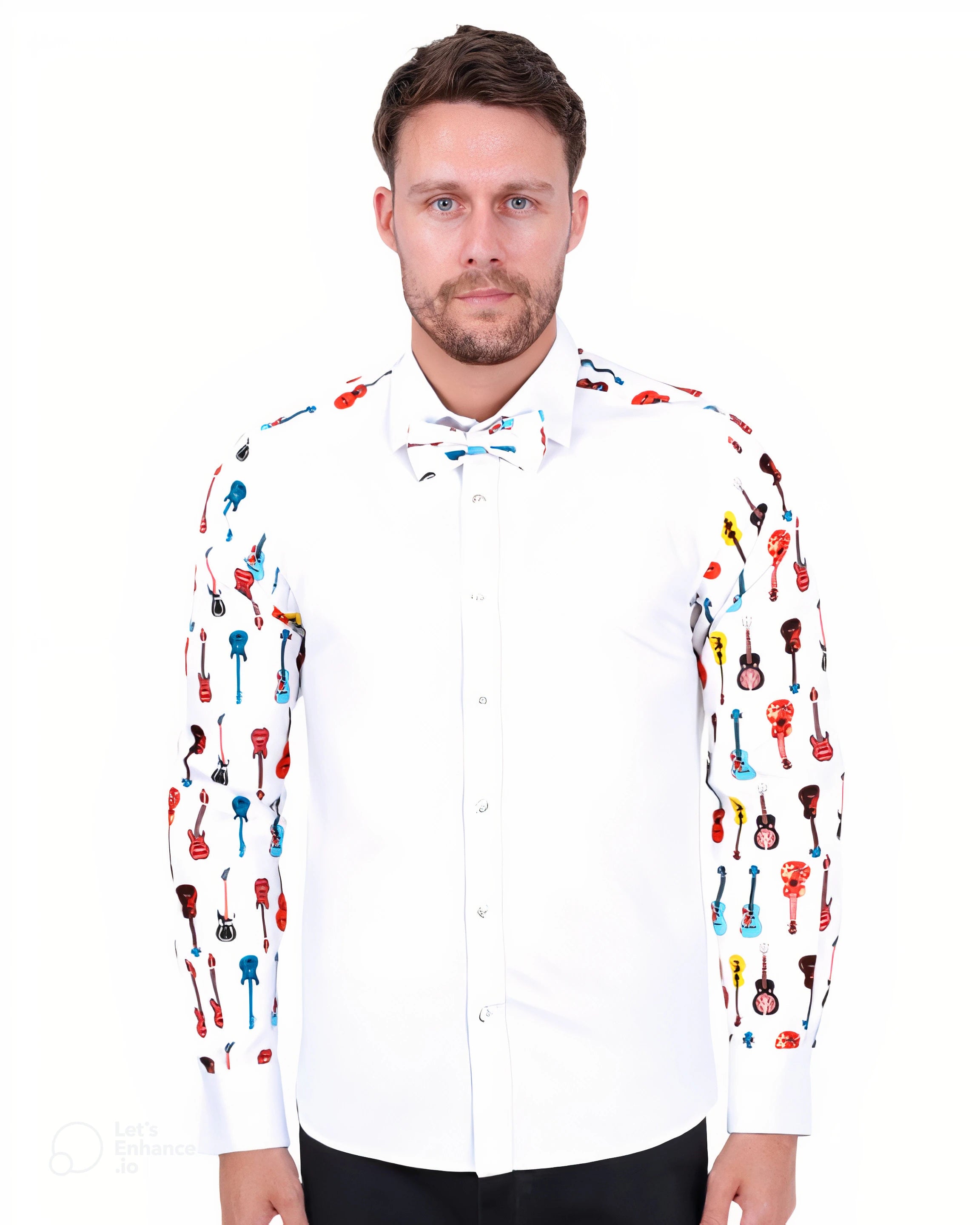 Guitar Print Tuxedo Shirt Plain Front Panel-Makrom