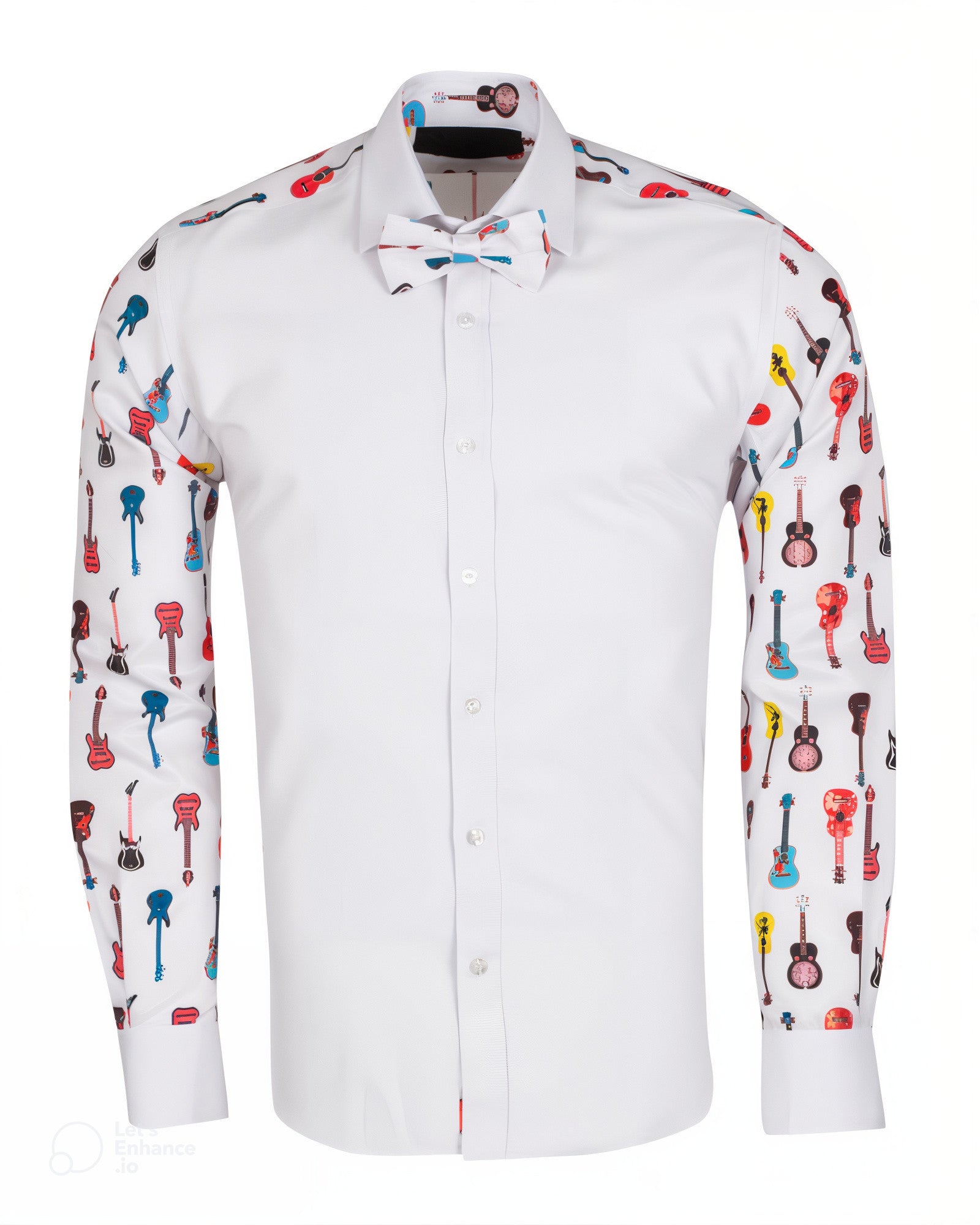 Guitar Print Tuxedo Shirt Plain Front Panel-Makrom