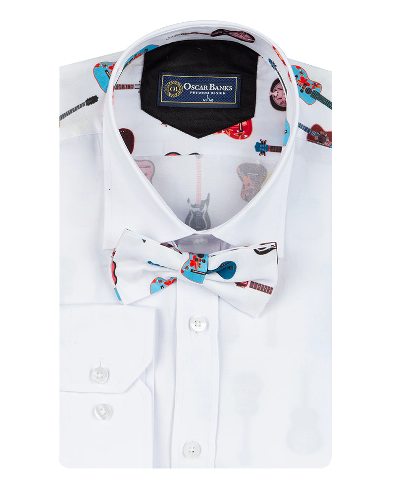 Guitar Print Tuxedo Shirt Plain Front Panel-Makrom