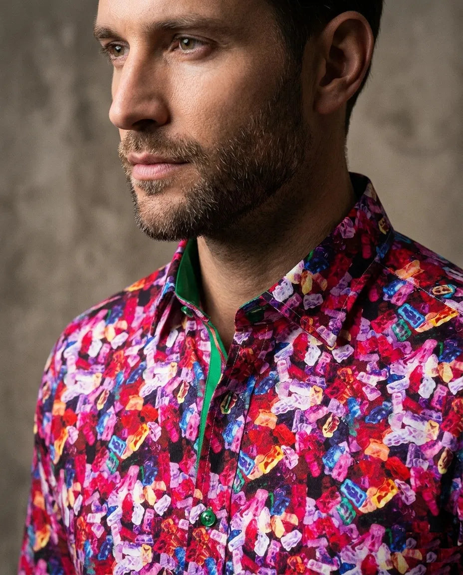 Man wearing a colorful shirt with a pattern of gummy bears against a neutral background