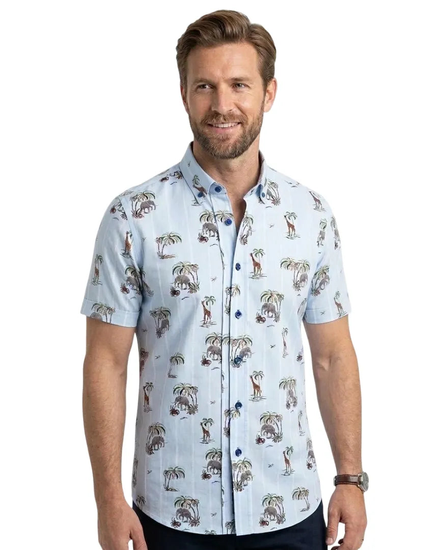 Blue Tropical Animals Print Short Sleeve Shirt