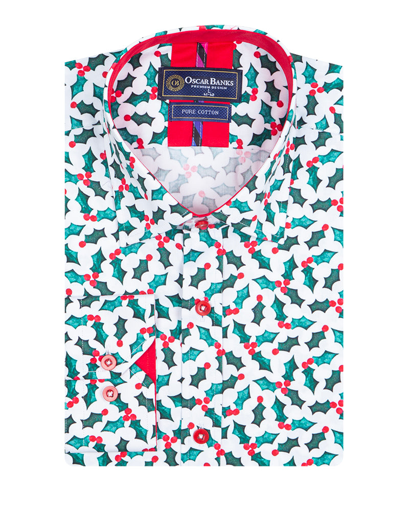 Holly Leaf Print Shirt with Matching Handkerchief-Makrom