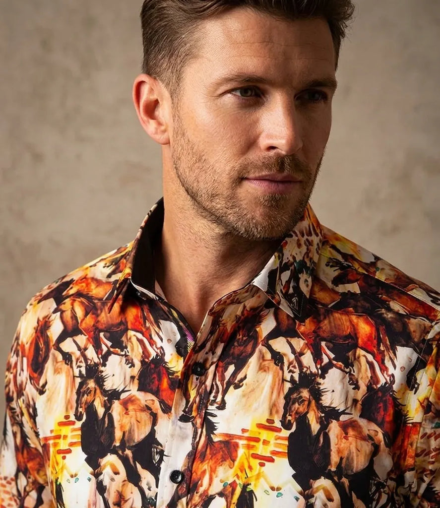 Horse Print Men's Shirt with Matching Handkerchief