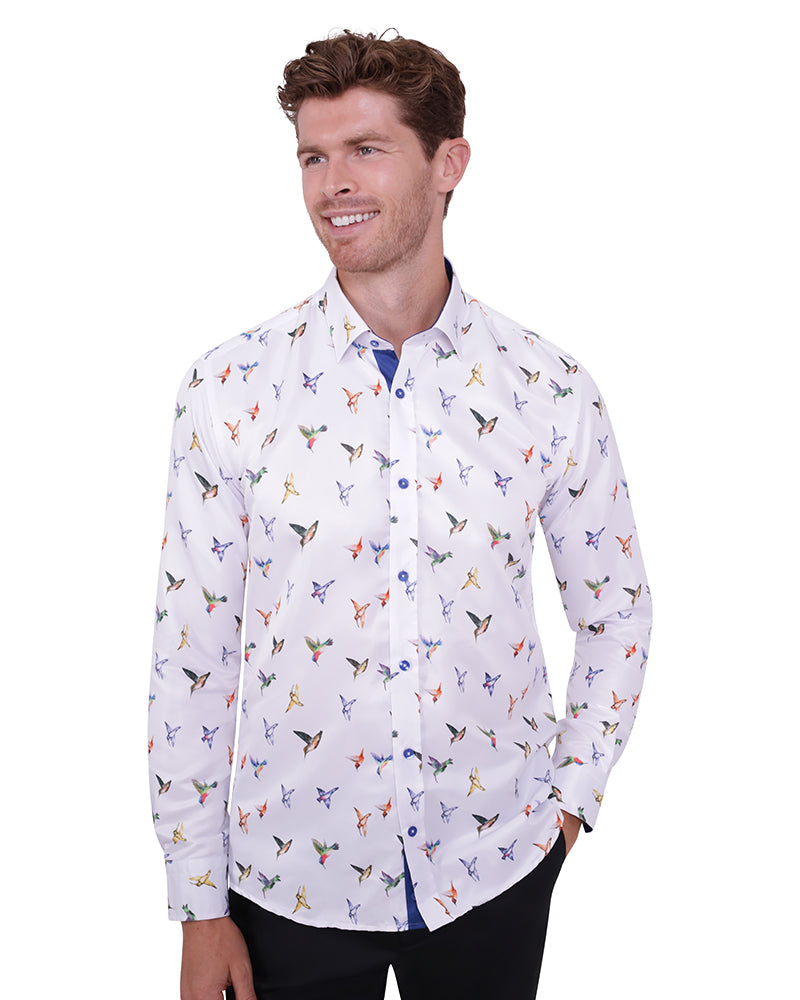 White Colourful Mockingbird Print Men's Shirt