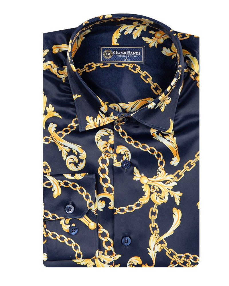 Dark Blue Baroque Chain & Paisley Print Men`s Shirt