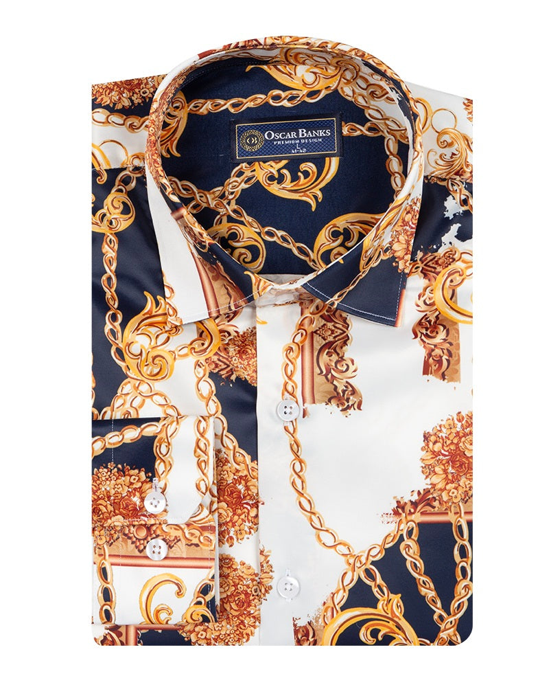 Oscar Banks Premium Satin Chain & Floral Print Dress Shirt