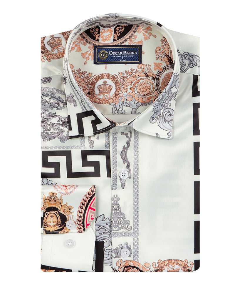Oscar Banks Premium Cream Satin Baroque Print Dress Shirt