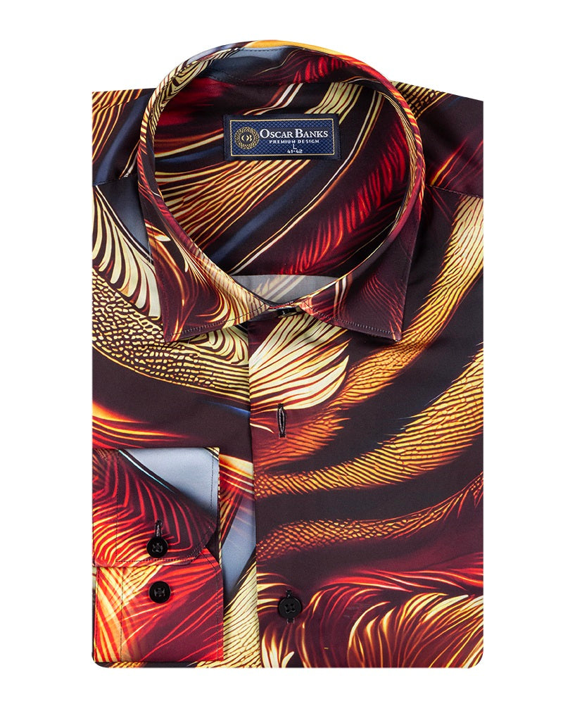 Oscar Banks Premium Satin Abstract Flame Pattern Print Shirt