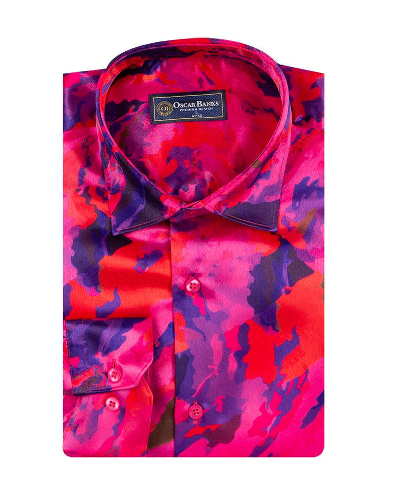 Oscar Banks Premium Satin Bold Abstract Print Dress Shirt
