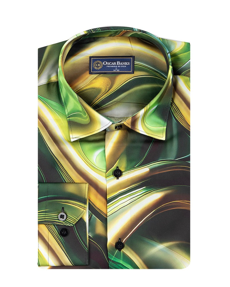 Oscar Banks Premium Satin Green Marble Print Shirt