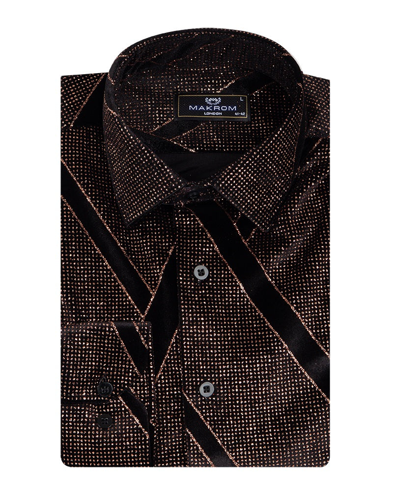 Oscar Banks Premium Shiny Black and Bronze Geometric Pattern Shirt