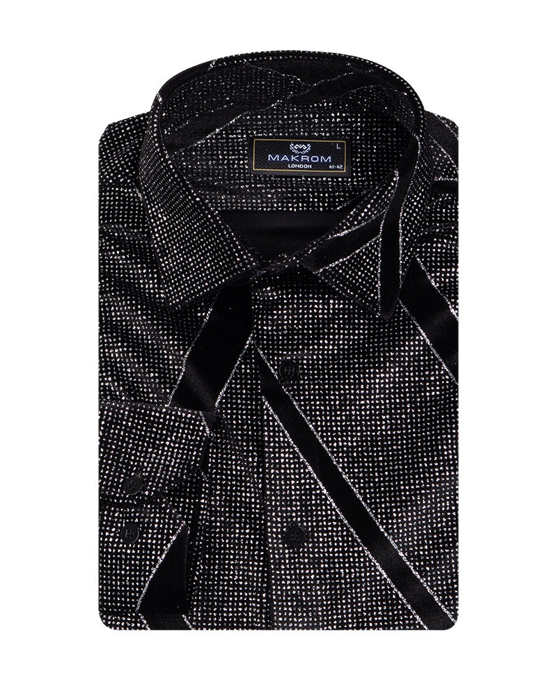 Oscar Banks Premium Shiny Black and Grey Geometric Pattern Shirt
