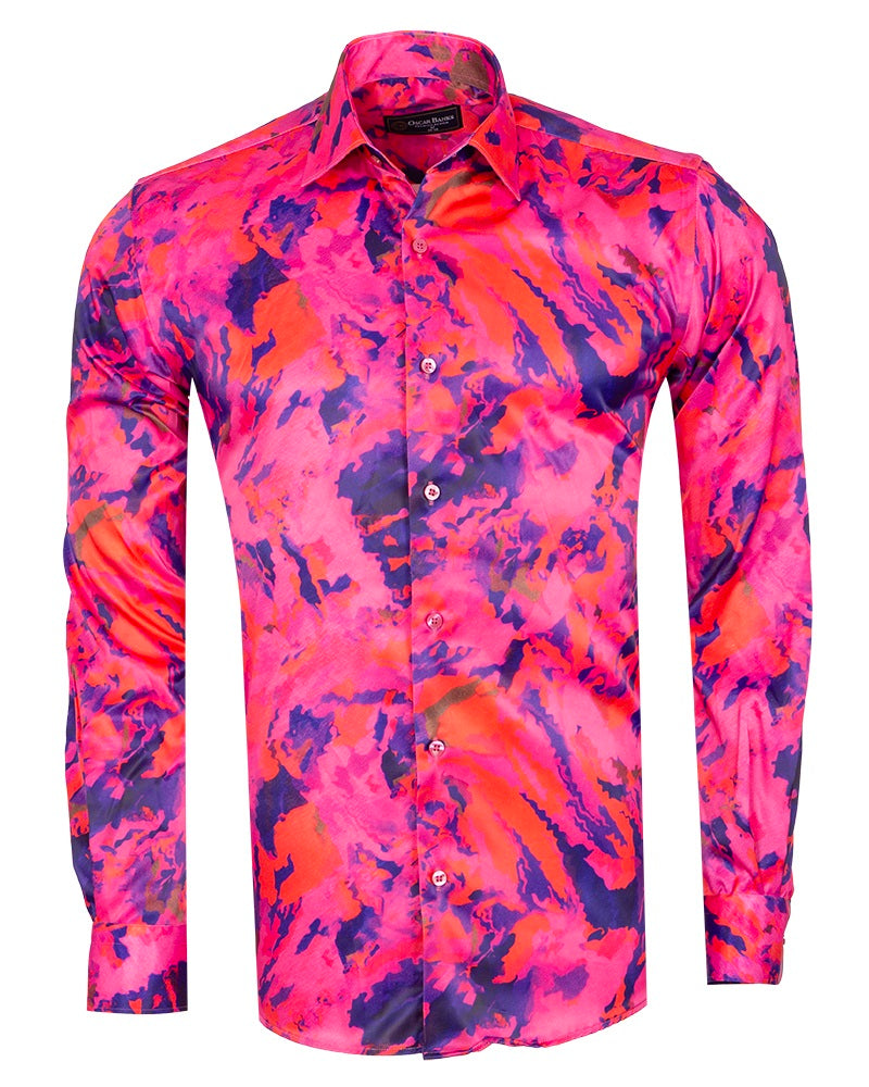 Oscar Banks Premium Satin Bold Abstract Print Dress Shirt