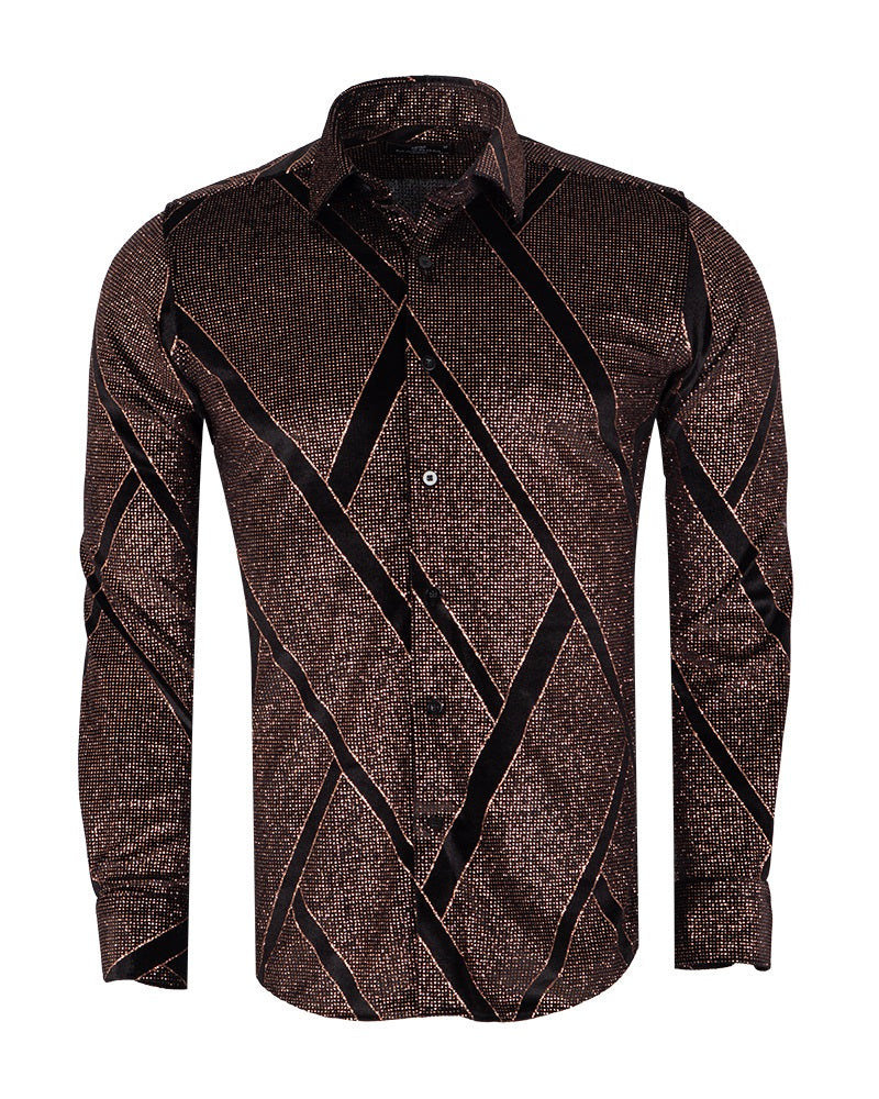 Oscar Banks Premium Shiny Black and Bronze Geometric Pattern Shirt